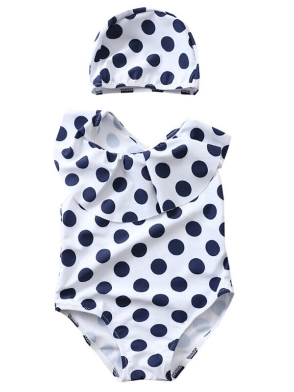 2-Piece Polka Dots Baby Toddler Big Girl Bathing Suit with Swimming Cap