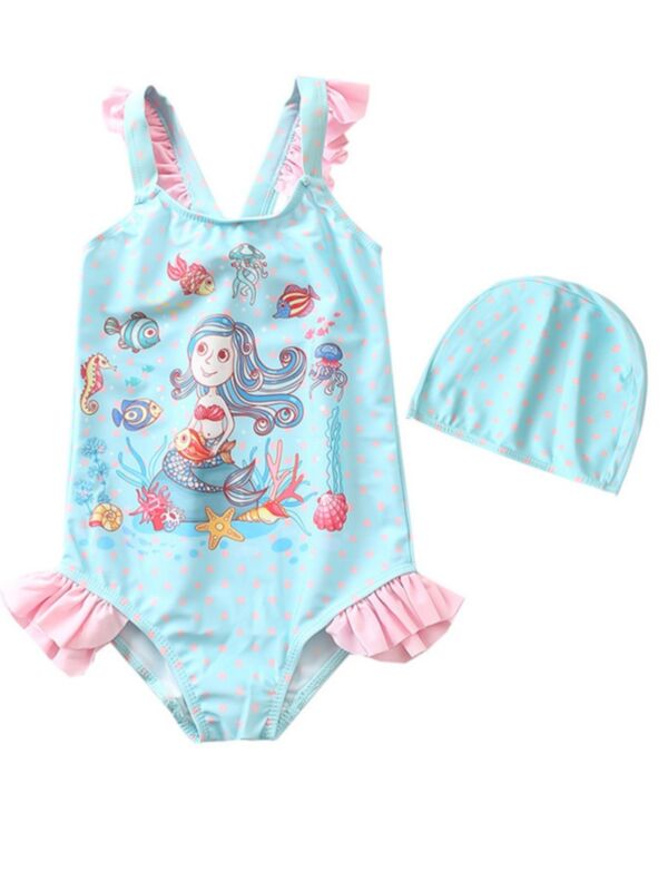 2-Piece Toddler Girl Cartoon Mermaid Frilled Bathing Suit with Swimming Cap