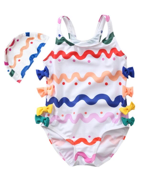2-Piece Colorful Wave Pattern Bow Toddler Girl Bathing Suit with Swimming Hat