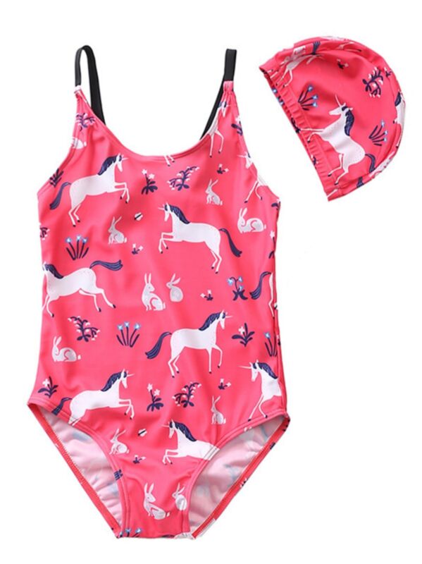2-Piece Little Girl Cartoon Horse Adjustable Bathing Suit with Swimming Cap