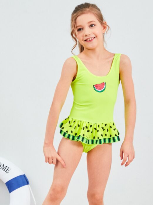 Little Big Girl Watermelon Pattern Frilled One Piece Bathing Suit	