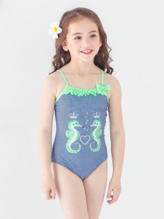 Little Big Girl Cartoon Sea Horse Stripe Frilled One Piece Bathing Suit