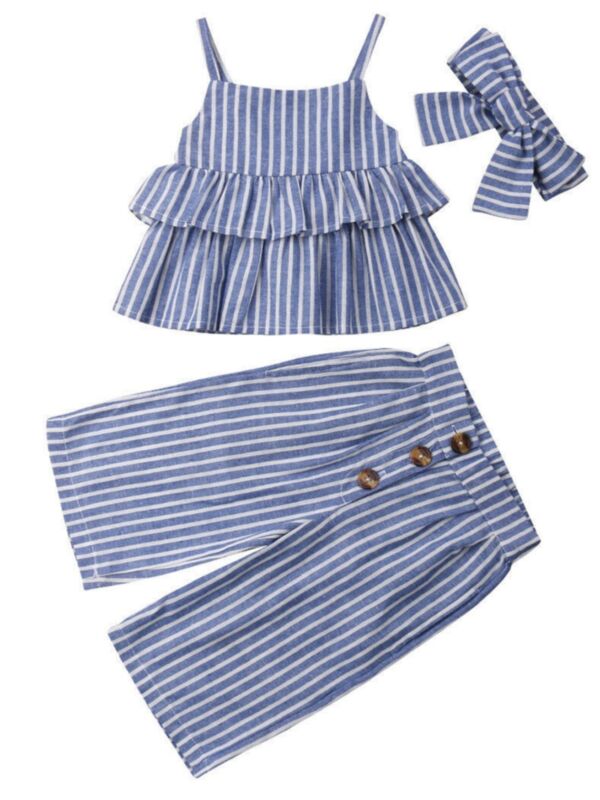 3-Piece Summer Little Baby Girl Ruffle Top+Buttoned Pants+Headband Outfits