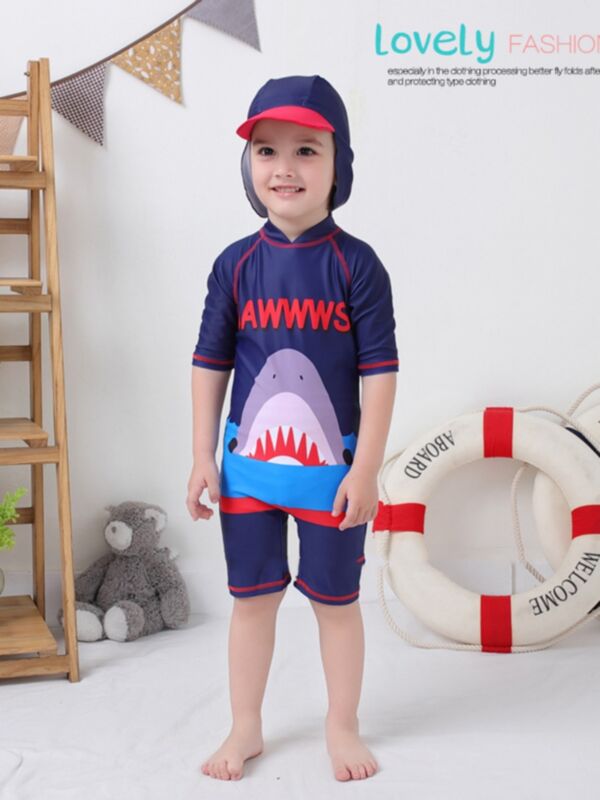 2-Piece Shark Pattern Toddler Little Kids Bathing Suit Matching Swimming Cap