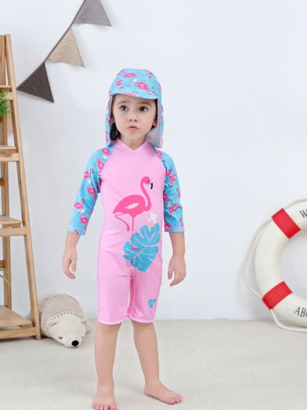 2-Piece Toddler Little Girls Flamingo Leaf Bathing Suit Matching Swimming Cap