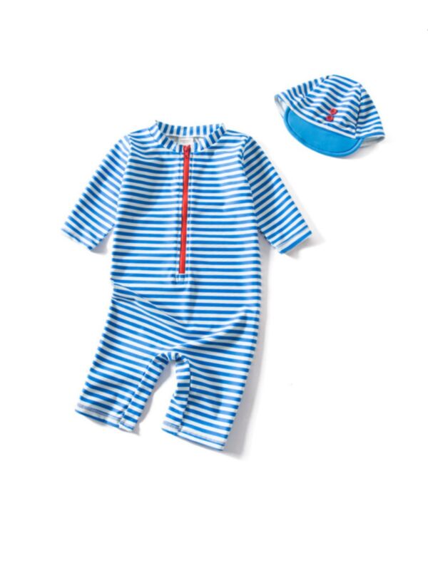 2-Piece Stripe Swimwear Bathing Suit Matching Swimming Cap