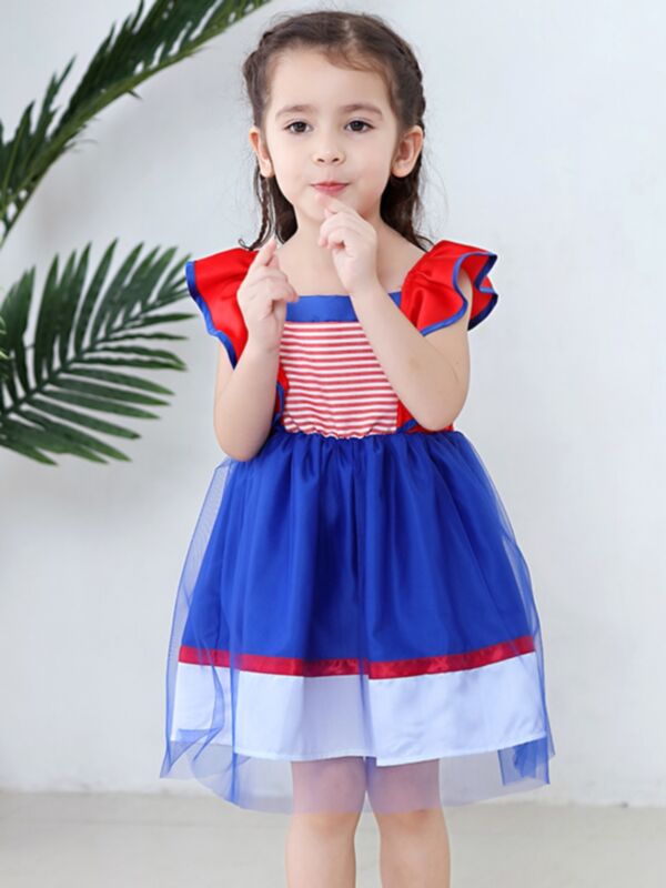 Flutter Sleeve Stripe Mesh Patchwork Dress