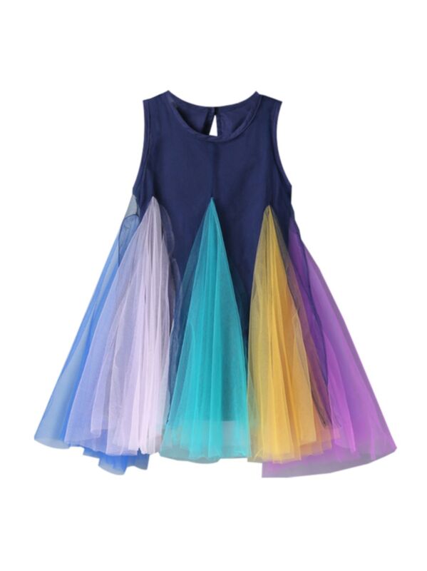 Rainbow Color Mesh Trim Sleeveless Dress