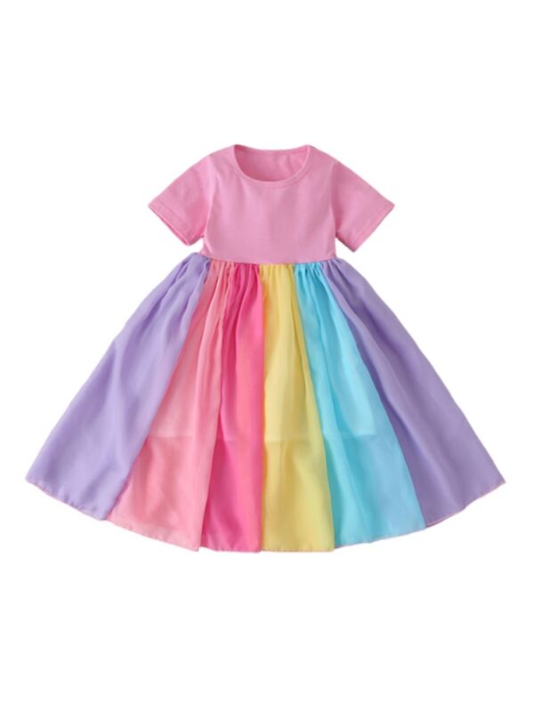 Summer Rainbow Color Mesh Patchwork Dress