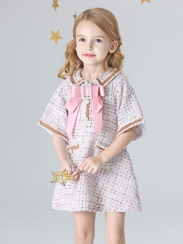 Spring British Style Little Girl Bow Beaded Dress