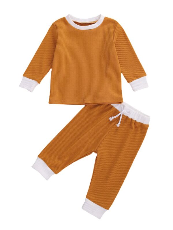 2 Pieces Infant Toddler Ribbed Solid Color Set  Long Sleeve Top & Cropped pants