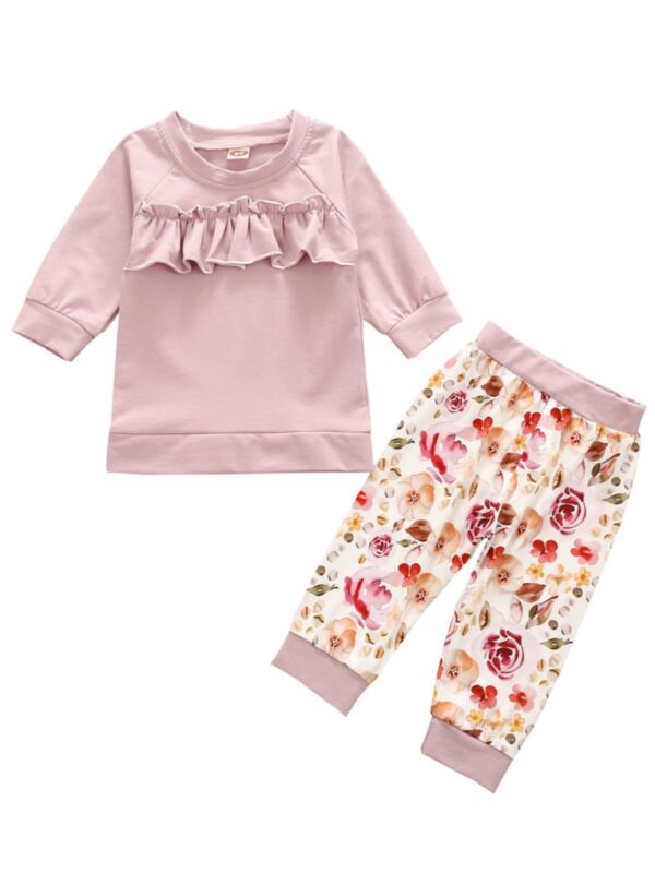 2 Piece Toddler Girl Flower Ruffle Set Top Matching Pants