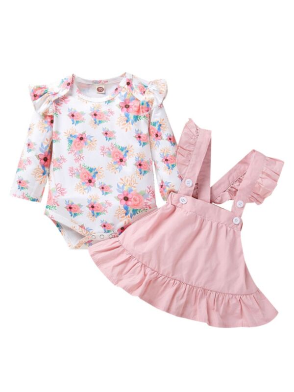 2 Pieces Baby Girl Flower Bodysuit & Pinafore Skirt
