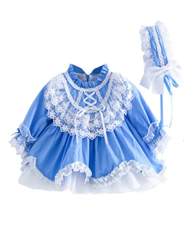 2 Pieces Little Girl Spanish Lace Frill Trim Princess Dress With Headband