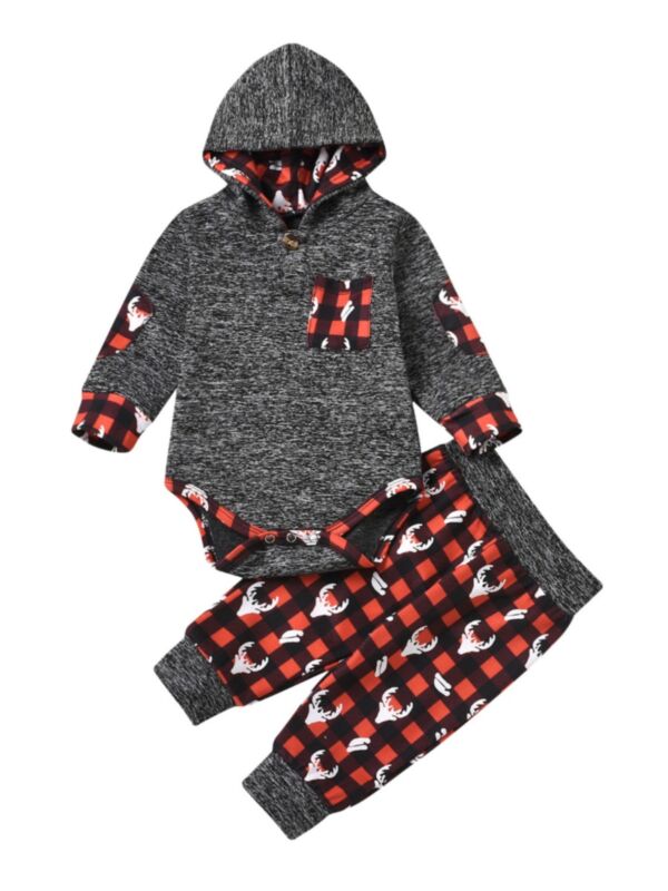 2 Pieces Baby Christmas Set Pocket Decor Hoodie Bodysuit & Plaid Pants