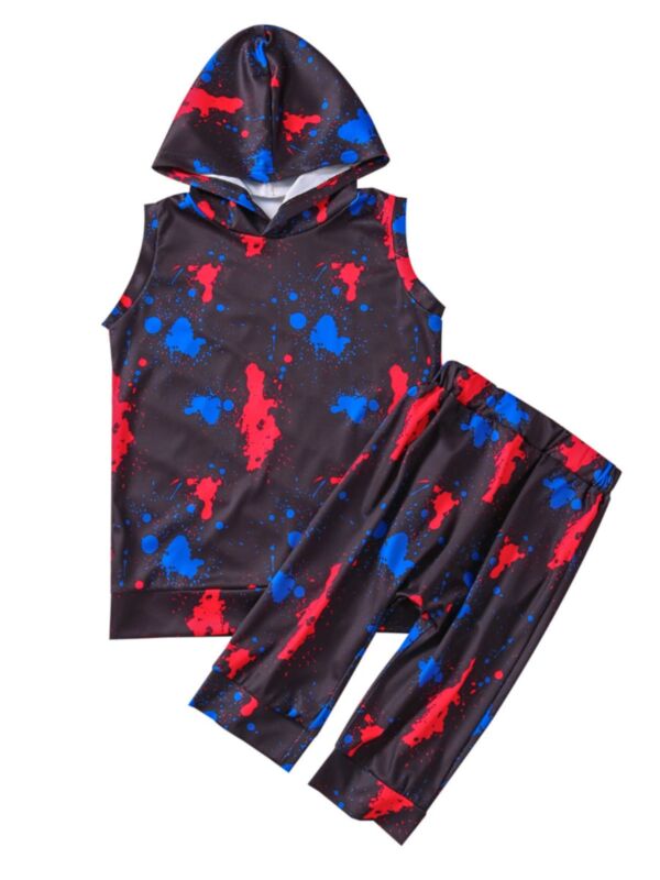 2 Pieces Kid Boy Graffiti Set Tank Hoodie And Shorts Set