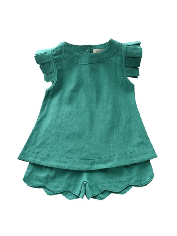 Two Pieces Kid Girl Solid Color Set Ruffle Trim Top And Shorts
