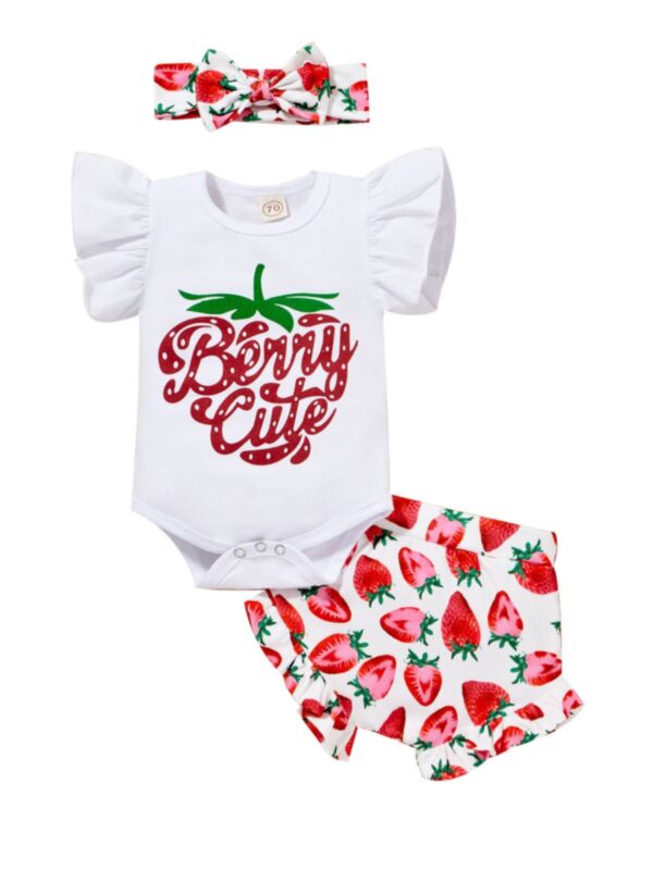 Three Pieces Baby Girl Cute Bunny Cherry Print Set Bodysuit Shorts Headband