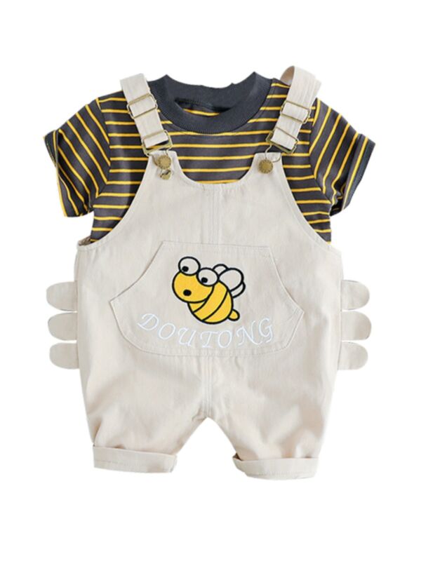 Two Pieces Toddler Boy Striped Top With Bee Pattern Overalls Set White