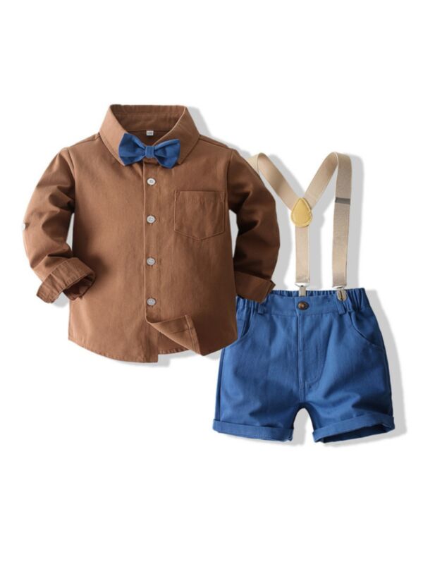 Solid Color Bowtie Shirt & Suspender Short Kid Boy Outfits Sets Wholesale Boy Clothes 210827354