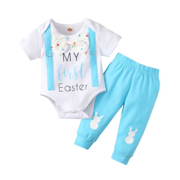 Easter Baby Boy Letter Print Bodysuit With Bow Tie And Trousers Baby Clothes Set 21120576