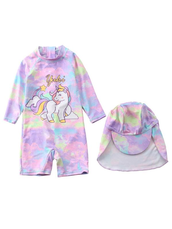 Little Girls Cartoon Dinosaur Rainbow One-piece Bathing Suit & Swimming Cap