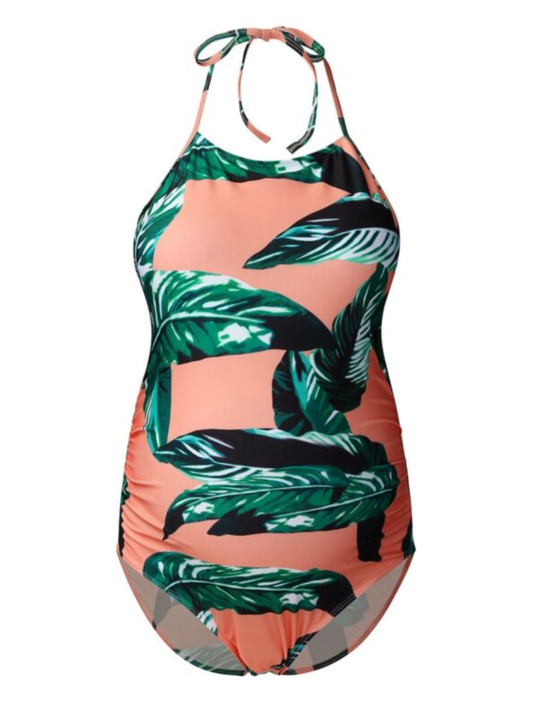 Fashion Leaf Print One Piece Halter Neck Maternity Swimsuit