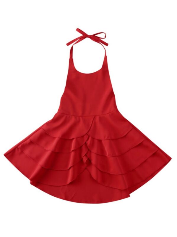 Little Girls Solid Color Layered Halter Neck Dress