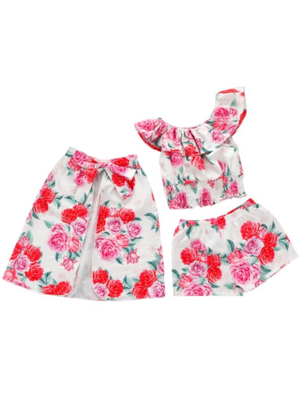 3-Piece Baby Toddler Girl Flower Top Shorts Wrap Skirt Outfits