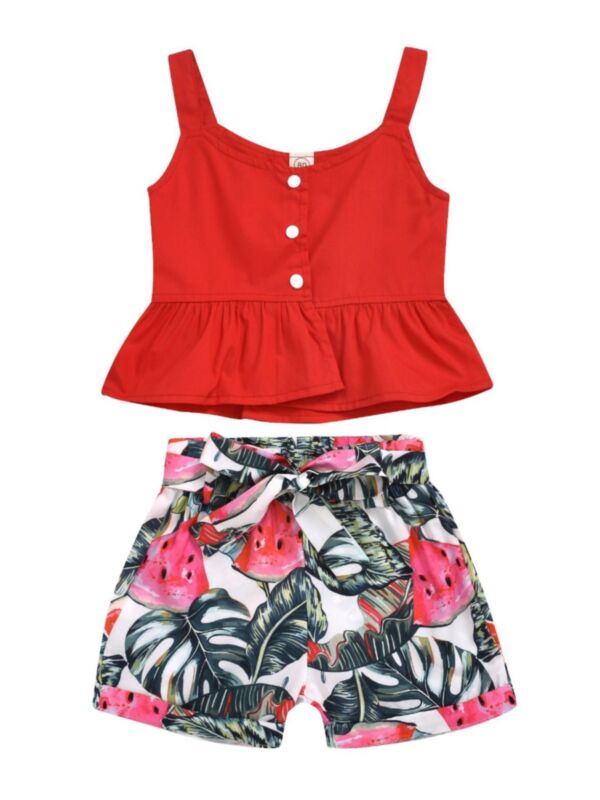2-Piece Toddler Girl Red Suspender Top and Melon Shorts Outfits