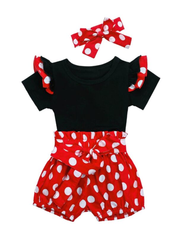 3-Piece Summer Baby Girl Bodysuit Polka Dots Shorts Headband Set