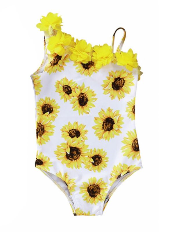 Little Girl Leopard Print/Sunflower One Shoulder Swimsuit