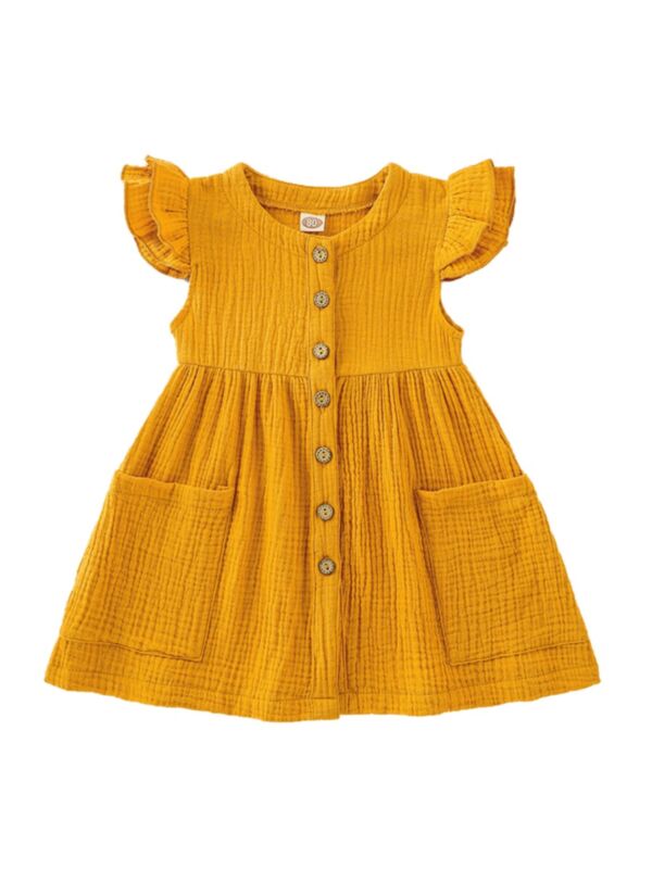 Solid Color Baby Toddler Girls Buttoned Muslin Flutter-sleeve