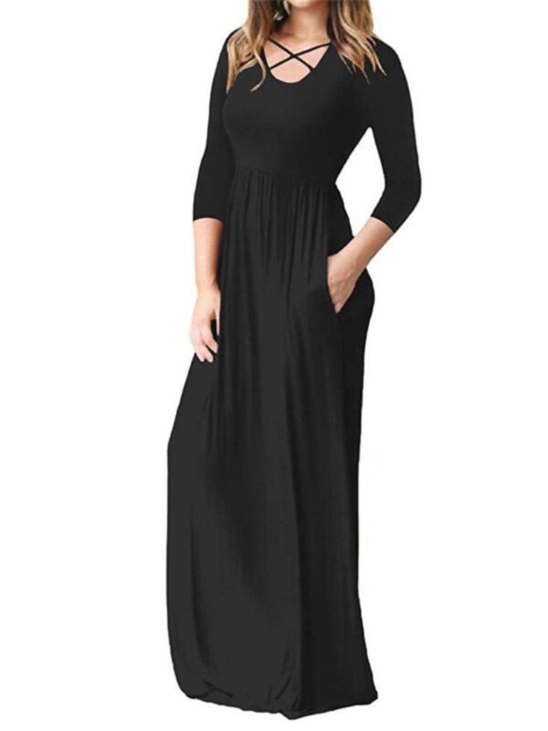 Solid Color Women Maxi Dress with Side Pocket