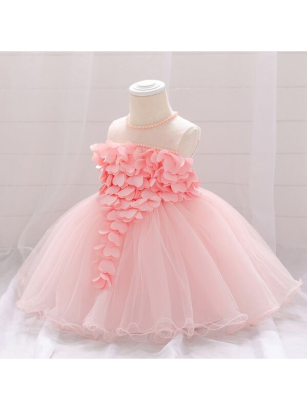 Baby Girl Solid Color Beaded Mesh Party Frock 
