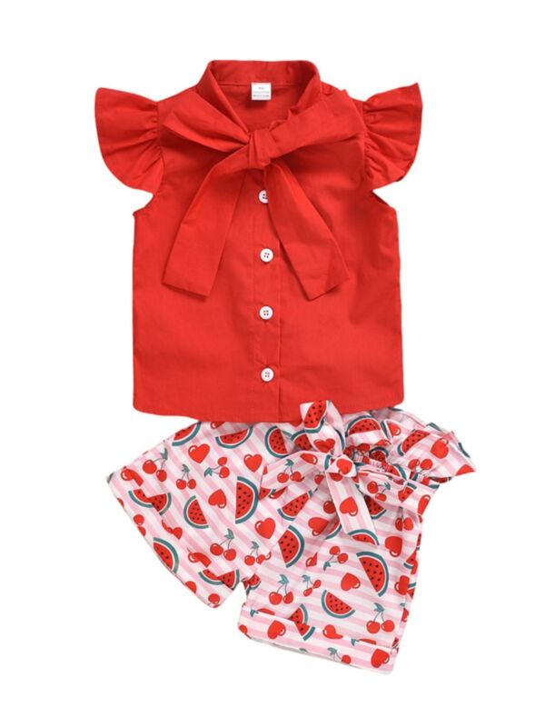2-Piece Little Girl Red Flutter-sleeve Blouse and Belted Shorts Set