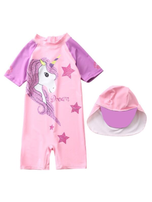 2-Piece Toddler Girl Unicorn Stars Swimwear and Swim Cap