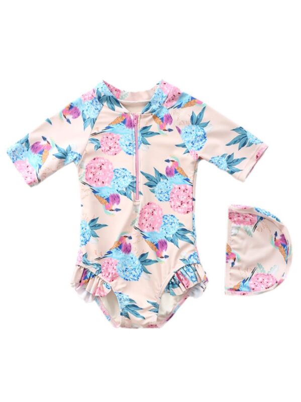 2-Piece Little Girl Ruffle Zip Bathing Suit and Swim Cap
