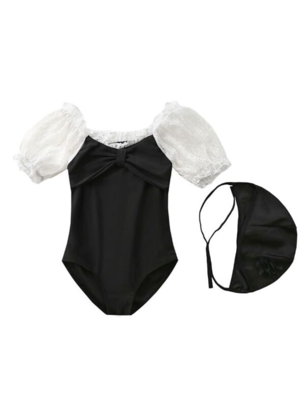 2-Piece Toddler Girl White & Black Swimwear and Swim Cap