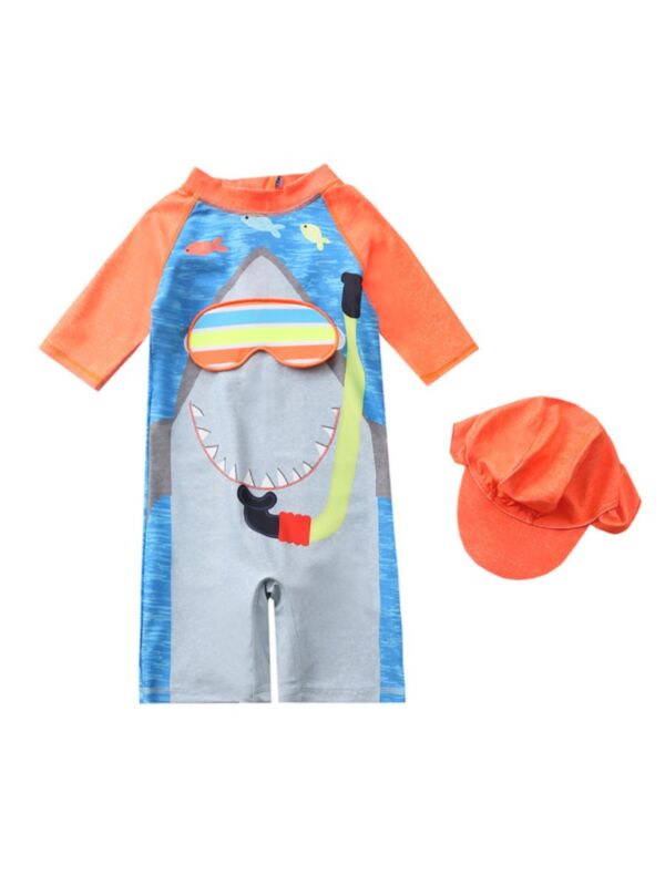 2-Piece Little Boy Shark Swimwear and Swim Cap