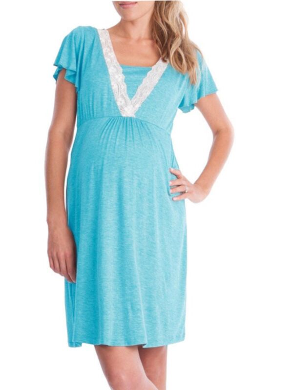 Fashion Lace V Collar Maternity & Nursing Sleep Dress