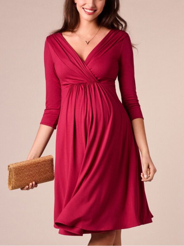 Fashion V Neck Solid Color Maternity Party Dress