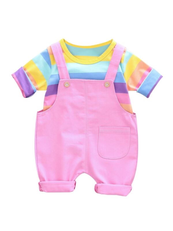 2-Piece Cute Toddler Girl Color Block Pullover and Wing Suspender Pants Set
