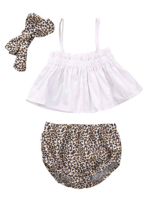 3-Piece Baby Girl White Suspender Top and Leopard Print Shorts Headband Set