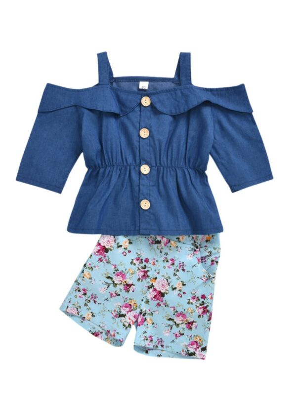 2-Piece Toddler Girl Blue Off Shoulder Top and Floral Shorts Set