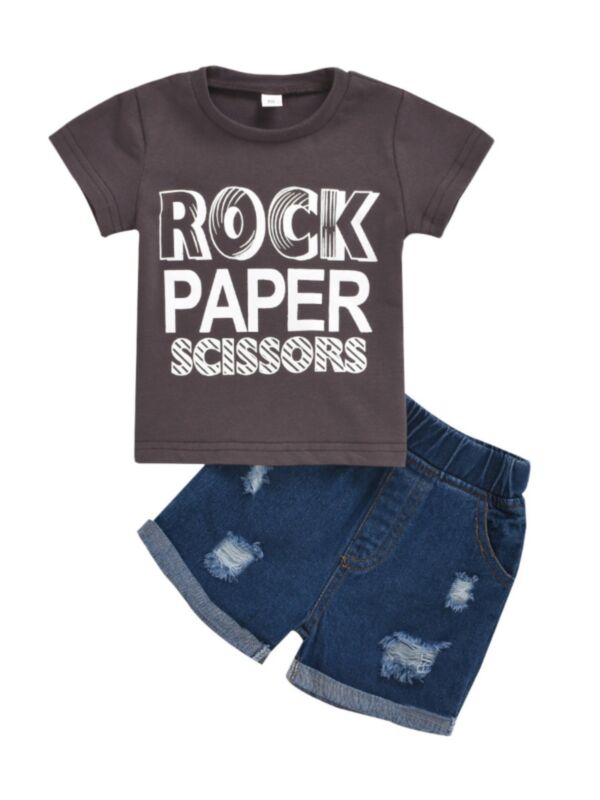 2-Piece Baby T-shirt and Ripped Fringed-hem Denim Shorts Set