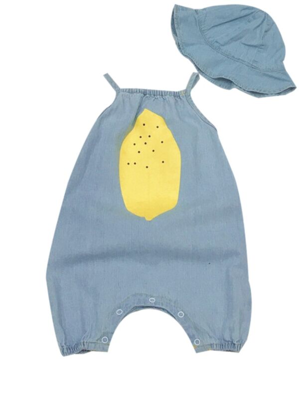 2-Piece Baby Denim Tank Jumpsuit Matching Bucket Hat