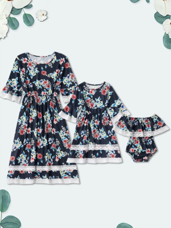 Mom and Daughter Flower Lace Patchwork Dress Bodysuit