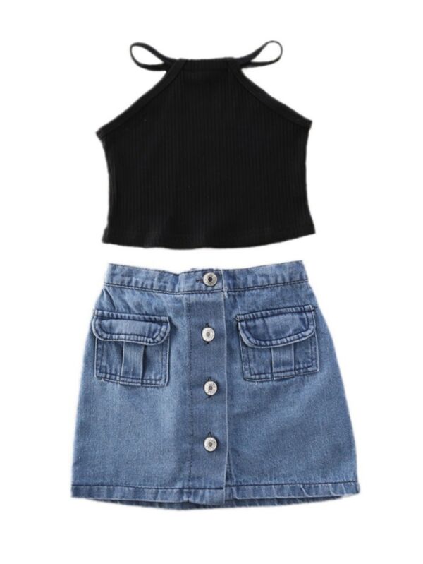 2-Piece Fashion Little Girl Black Ribbed Top and Denim Skirt Set