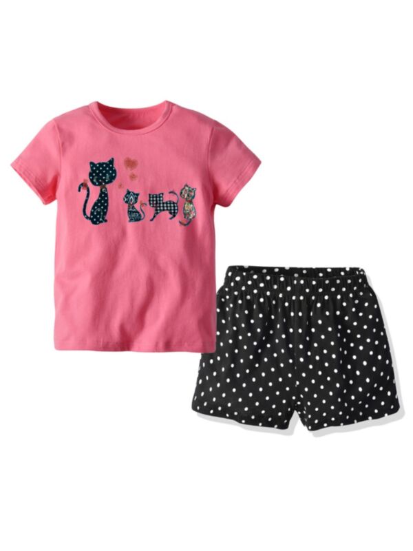 2-Piece Little Girl Cats T-shirt and Polka Dots Shorts Set